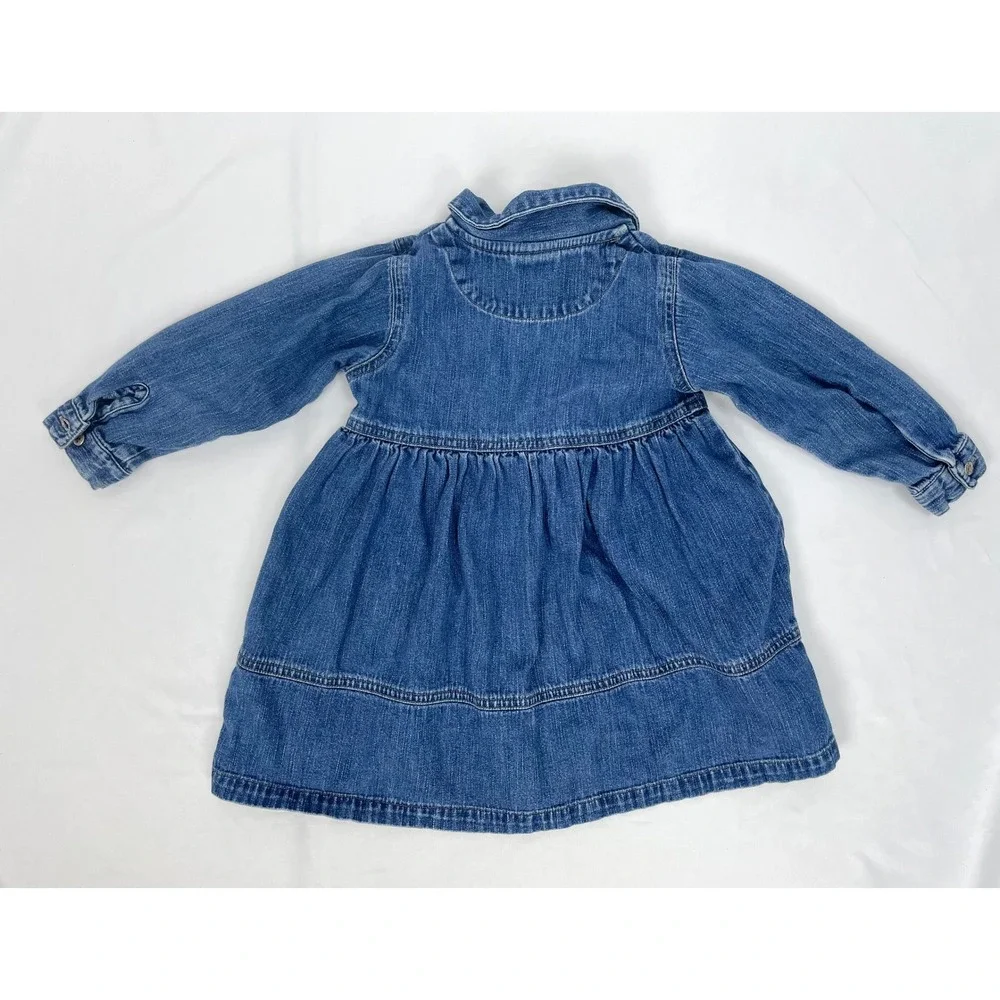 Oshkosh B'gosh Girl 3T Denim Jean Dress Blue Long Sleeves Leaves Toddler
